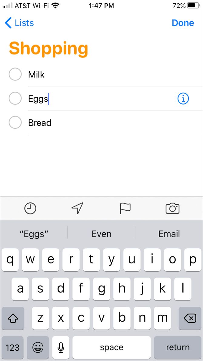 Значок информации в Напоминаниях iPhone