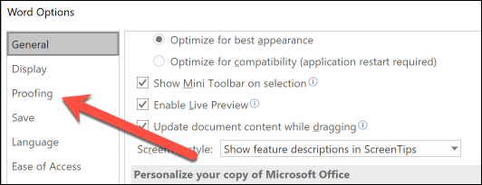 Скриншот: окно Параметры Word, пункт Правописание выбран