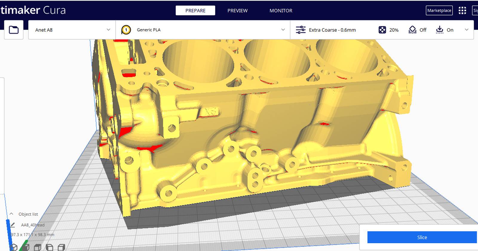 3D-модель двигателя в слайсере Cura, готовится к нарезке