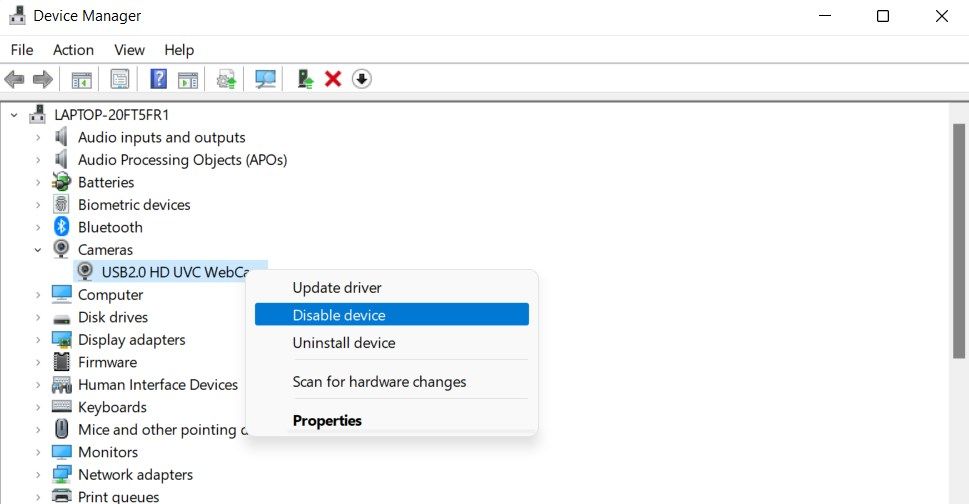 Диспетчер устройств — раздел Камеры