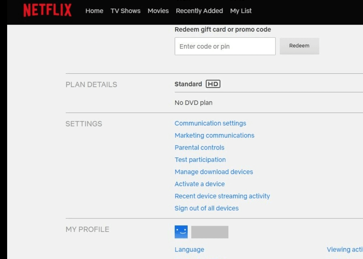 Ссылка Выйти со всех устройств в настройках Netflix