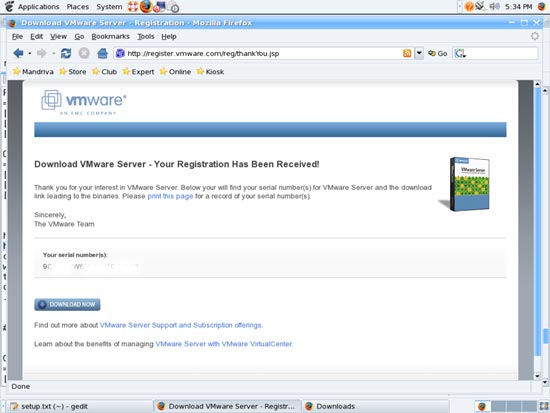 Пример страницы с отображённым серийным номером VMware Server