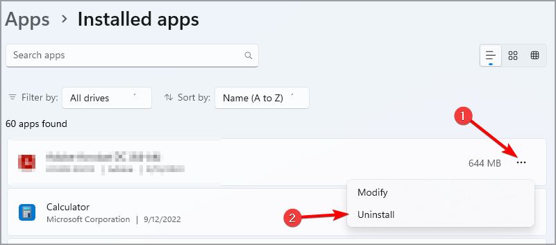 Esempio: disinstallazione di Endless OS da Windows 11 tramite menu tre punti