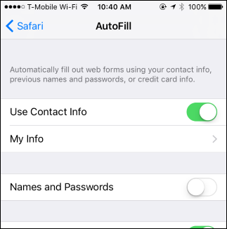 Скриншот: параметры автозаполнения на iOS