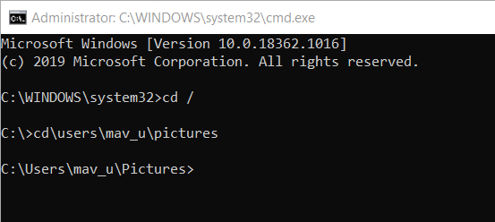 Пример команды cd для перехода в папку в CMD