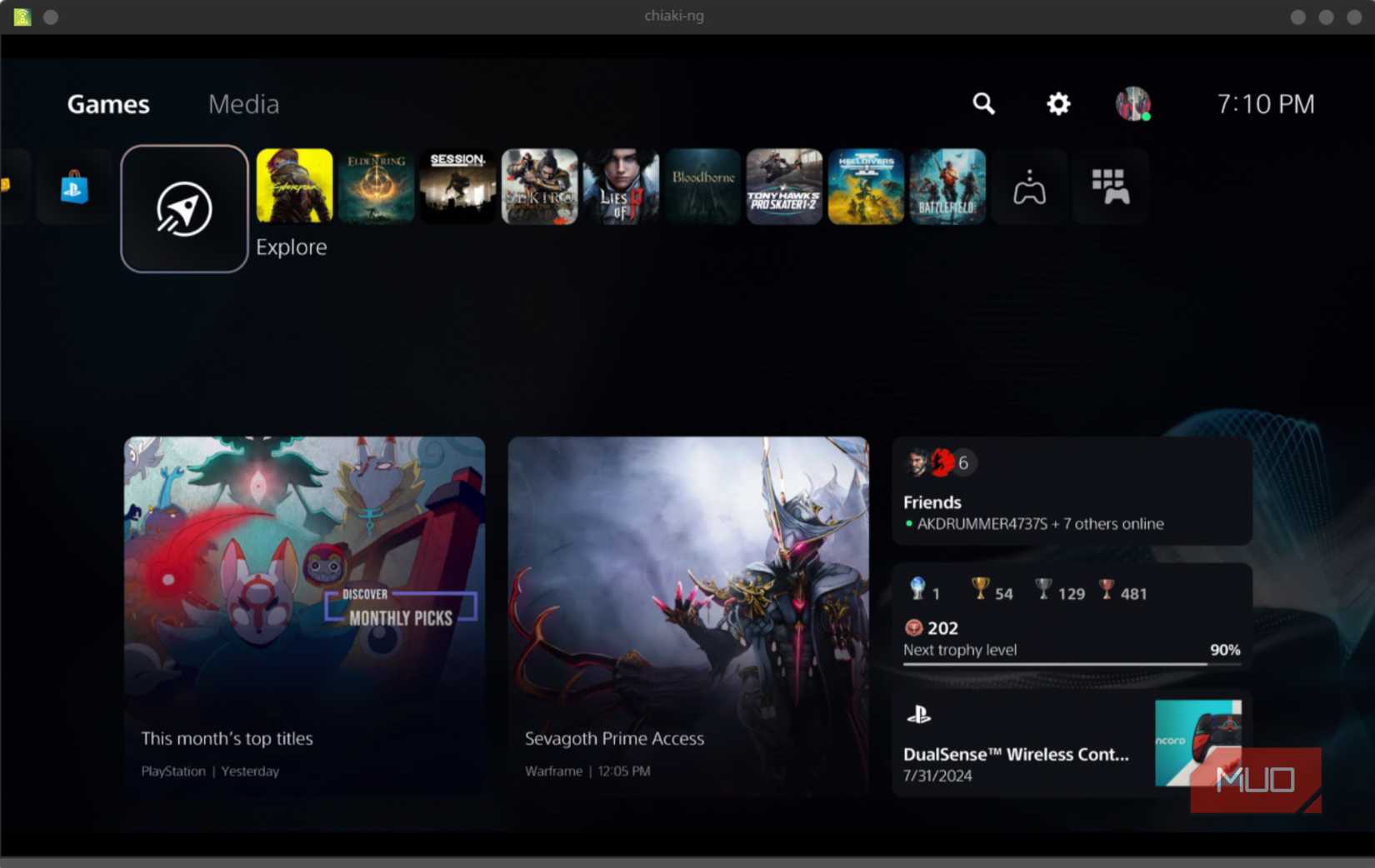 PS5 Menu Screen As Seen Through Chiaki in Desktop Mode