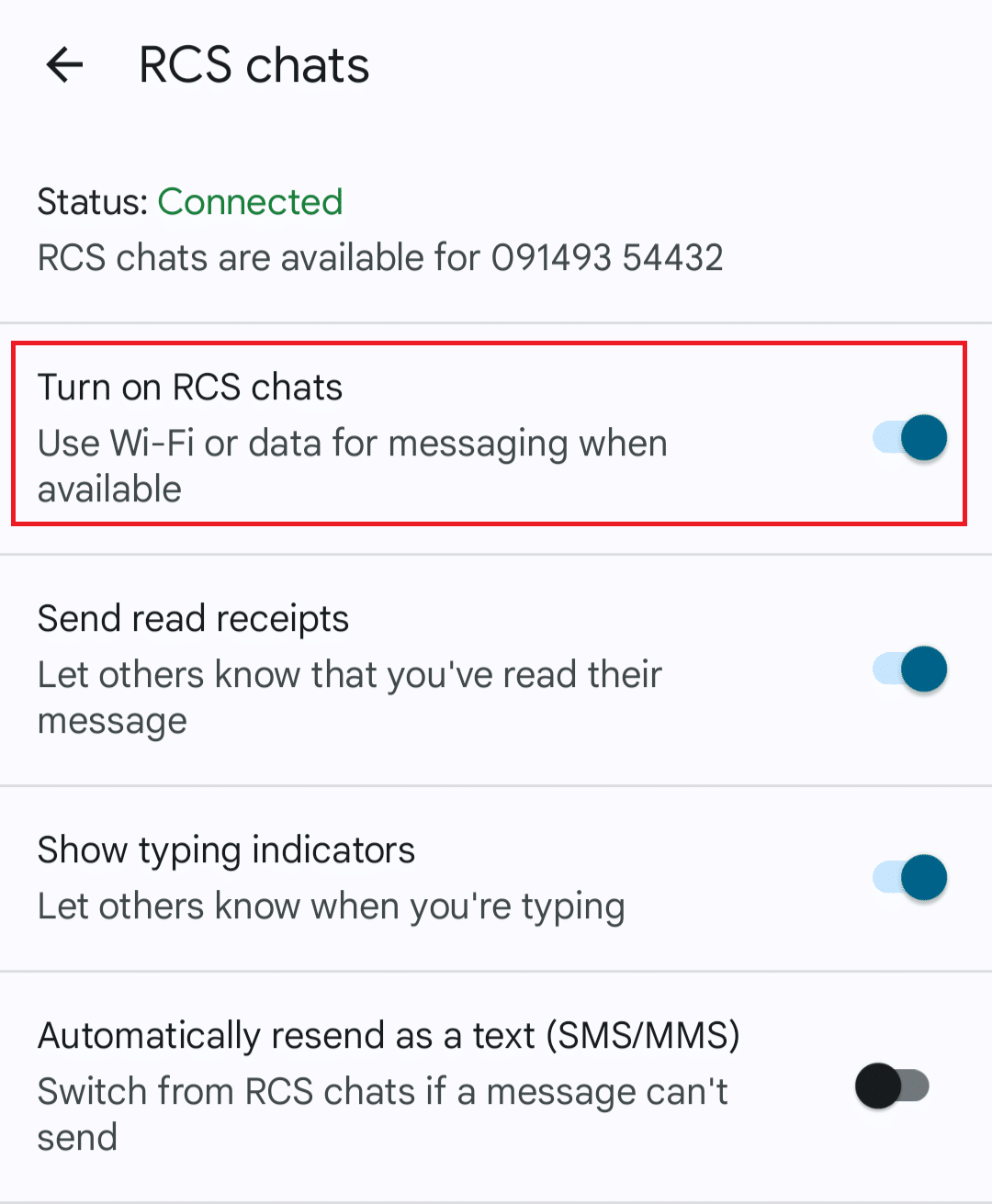 Переключатель «Turn on RCS chats» — выключен