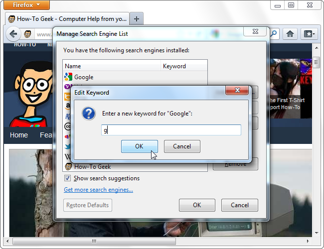 Пример назначения ключевого слова g для Google в Firefox