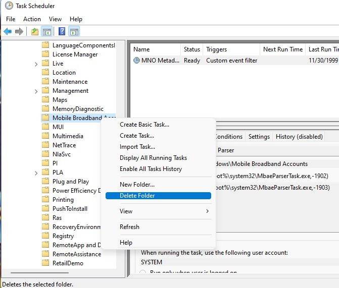 Удаление папки задачи в Планировщике задан на примере найденной проблемной записи