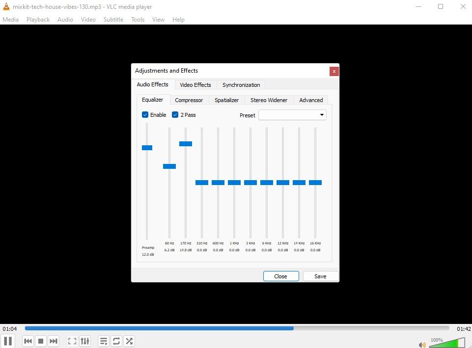 изменение баса в VLC