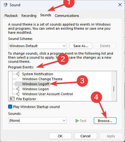 Выбор события 'Windows Logoff' в списке Program Events