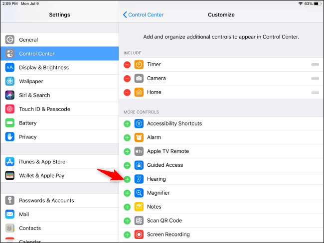 Экран Настроек: Добавление элемента Слух в Пункт управления