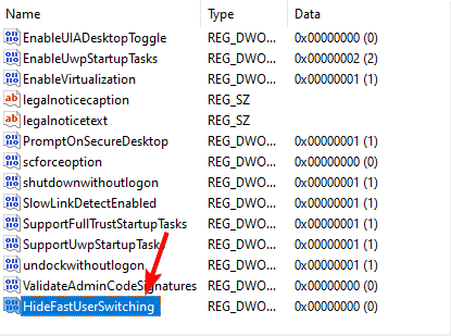 Параметр HideFastUserSwitching в редакторе реестра