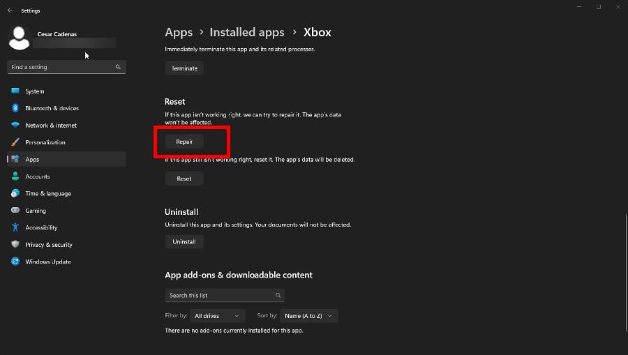 Кнопка восстановления приложения Xbox