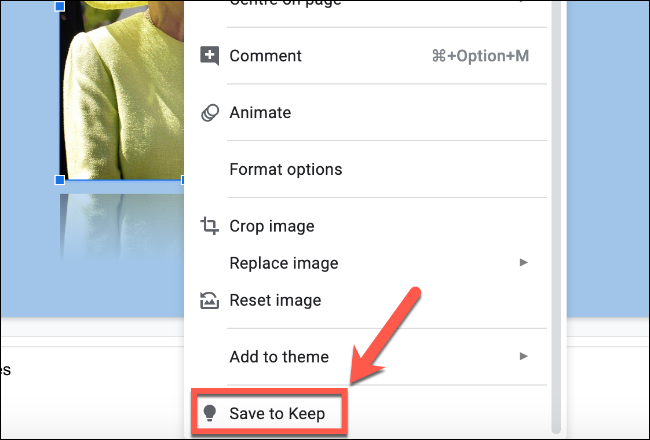 Правый клик по изображению в Google Slides и выбор Сохранить в Keep, чтобы поместить картинку в заметки Google Keep
