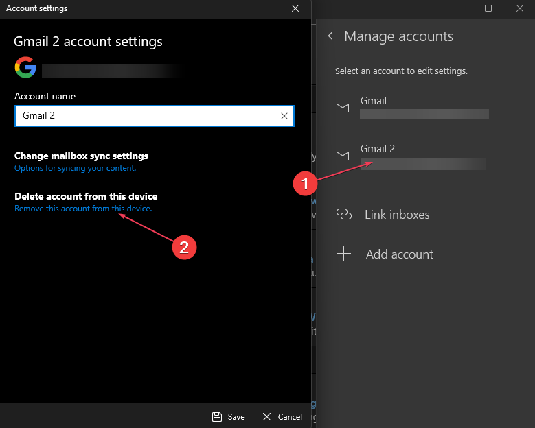 Список учётных записей в Почте