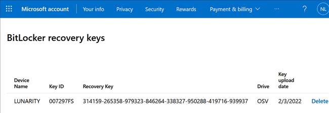 Ключ восстановления на сайте Microsoft