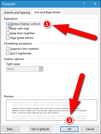 Опция «Защита от вдов и сирот» в параметрах разбиения на страницы