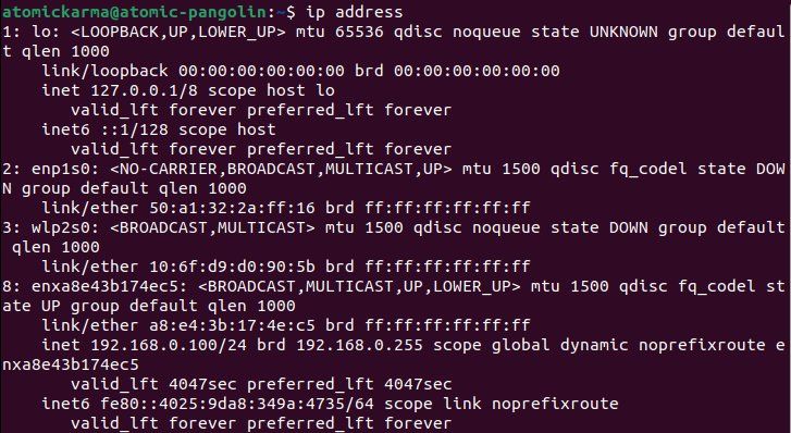Статус USB‑подключения в терминале — вывод ip address и ifconfig