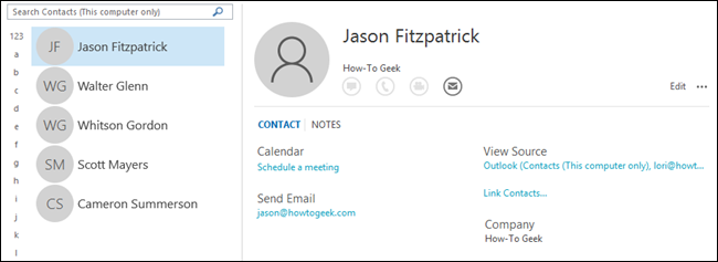 Импортированные контакты в Outlook