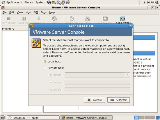 Окно подключения VMware Server с опцией Local host