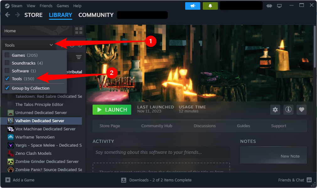 Список серверного ПО в Steam.