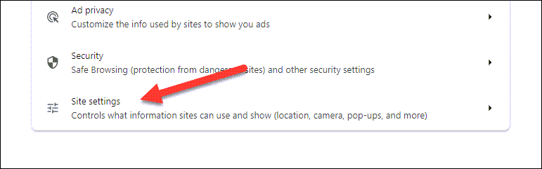 Пункт меню Настройки сайтов в Chrome.