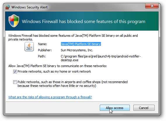 Разрешить доступ через брандмауэр Windows с подсказкой Allow