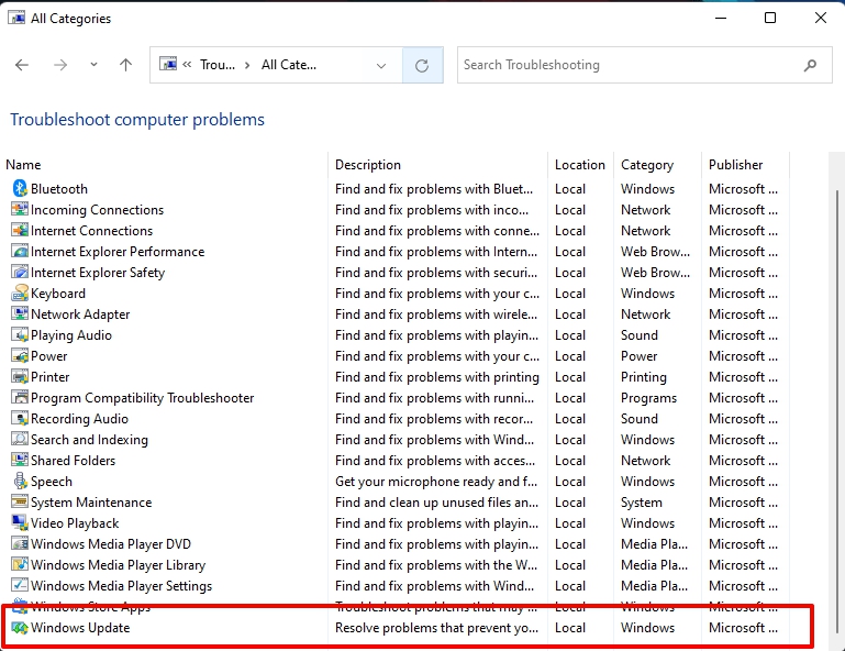 Средство устранения неполадок обновлений Windows