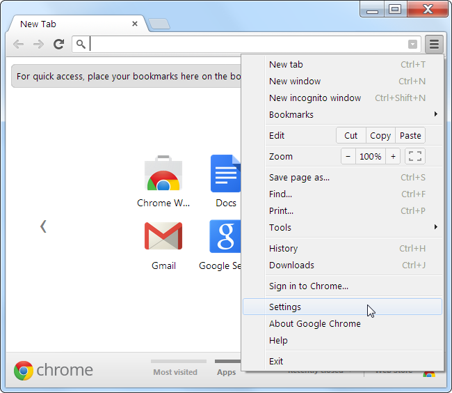 Настройки Chrome с меню