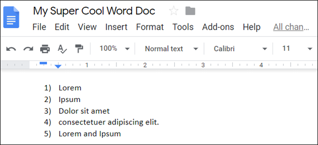 Пример нумерованного списка в Google Docs.