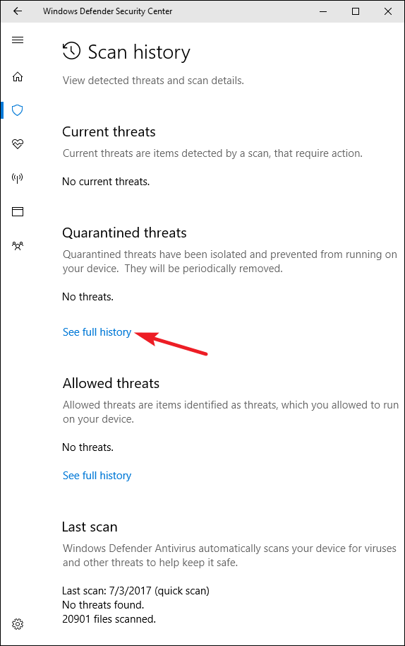 Экран «История сканирования» с текущими угрозами и ссылкой «Полная история»