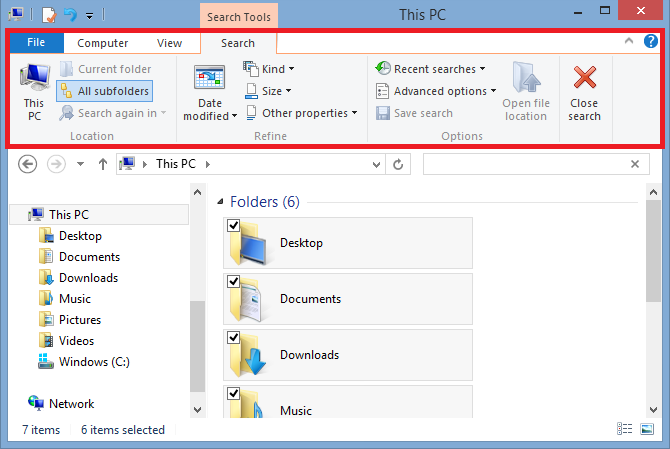 Вкладка Поиск в Проводнике Windows 8 с параметрами Location и Options