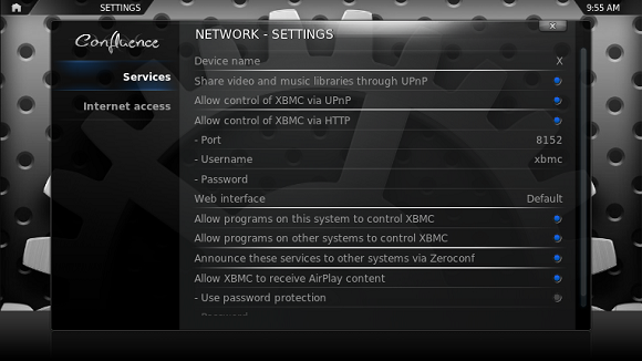 Настройки сети XBMC с включённым управлением по HTTP