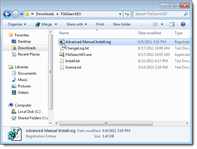 Импорт .reg для установки FileSearchEX