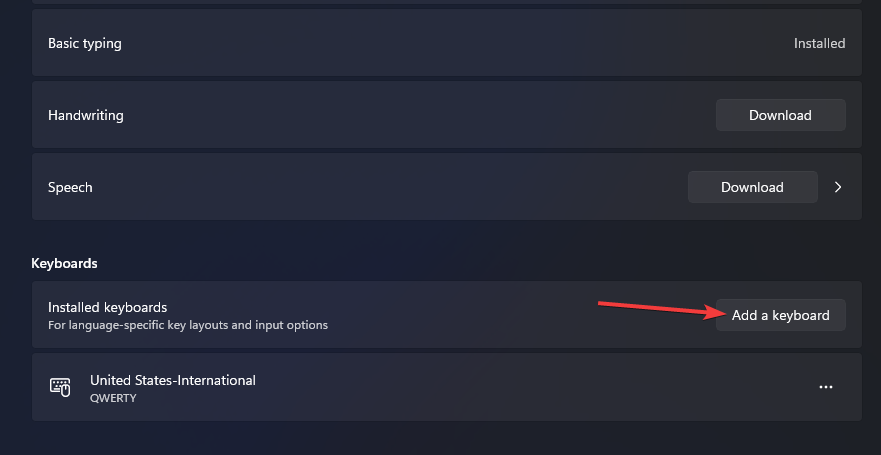 Кнопка Добавить клавиатуру в параметрах языка