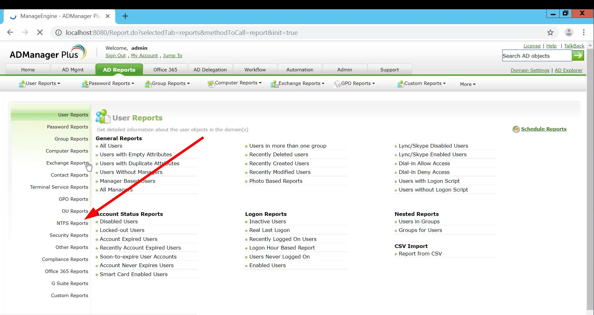Пример списка NTFS отчетов и кнопки Permissions for Folders в ADManager Plus