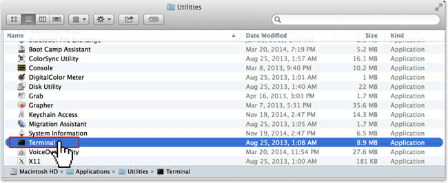 Открытие Terminal: папка Applications → Utilities → Terminal