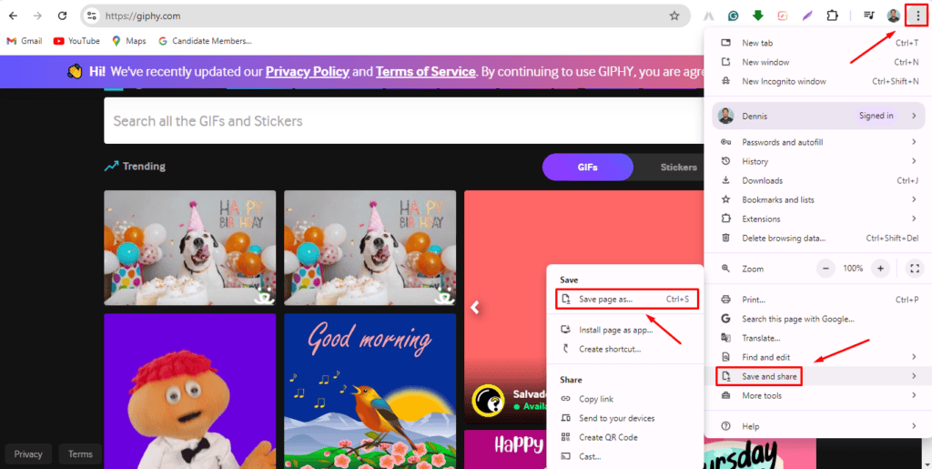 Пункт «Сохранить страницу как…» в меню