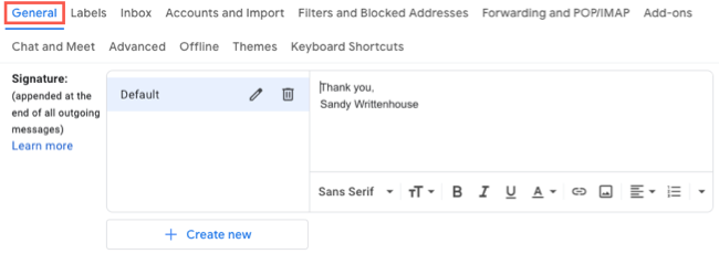 Раздел «Подпись» в настройках Gmail