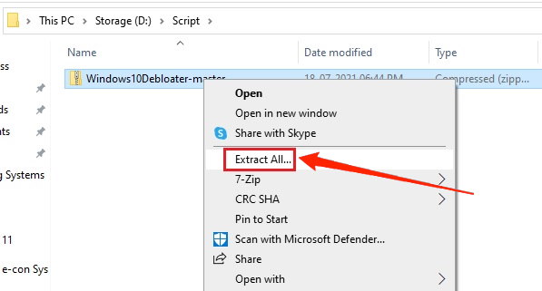 Процесс извлечения архива Windows debloater