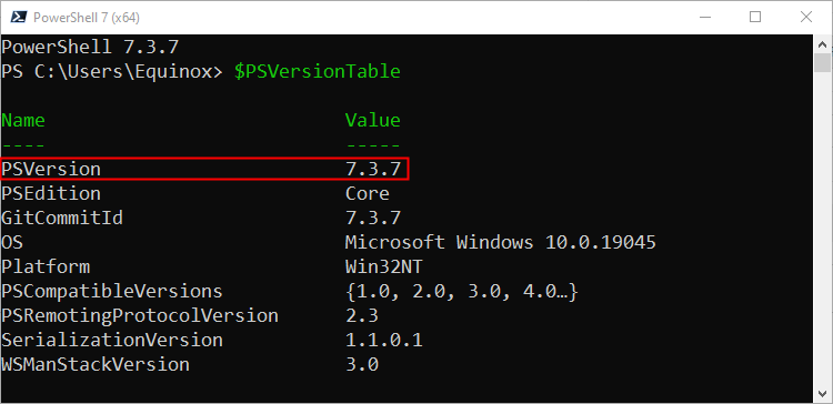 Вывод $PSVersionTable в PowerShell 7.
