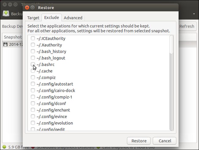 Вкладка исключений при восстановлении — выбор приложений