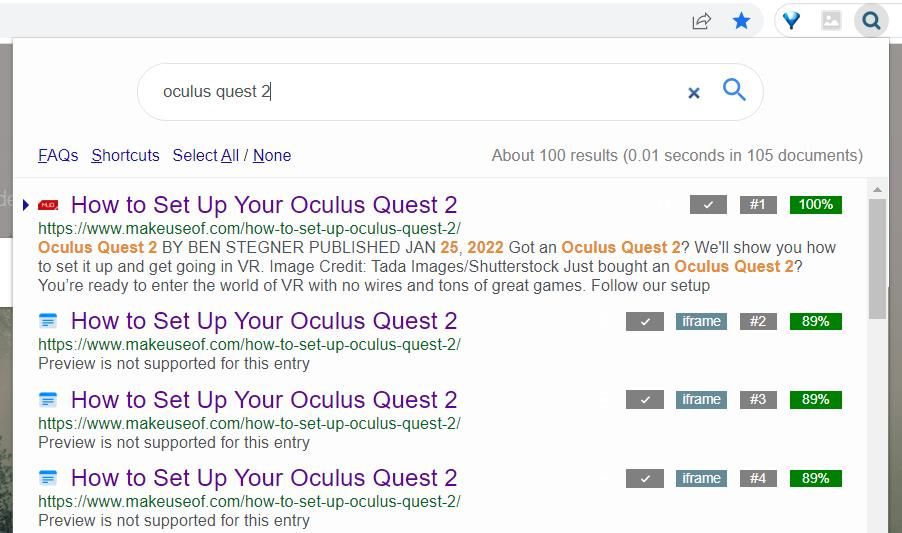 Интерфейс расширения Search all Tabs с результатами