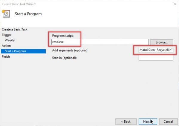 Detailschritt: cmd.exe als Programm und Argumente eingeben