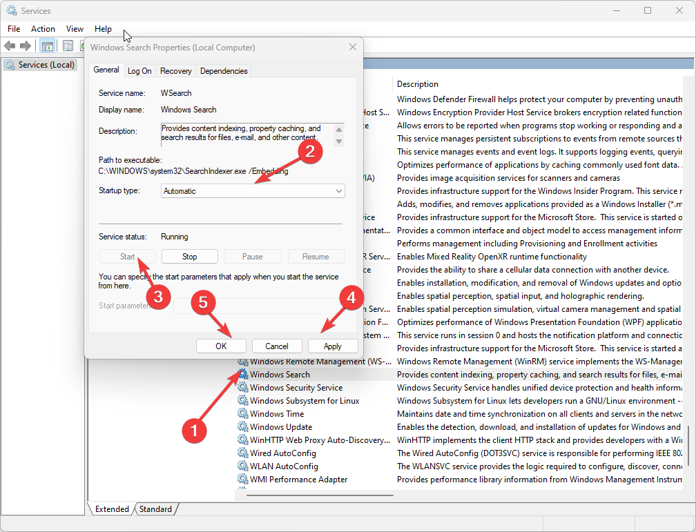 Снимок экрана: Служба Windows Search