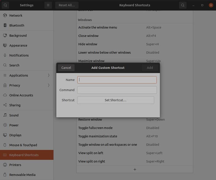 Gnome: добавление нового сочетания