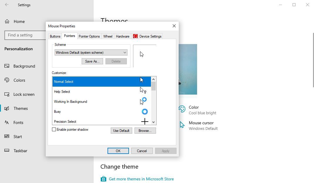 Диалоговое окно свойств мыши в Windows