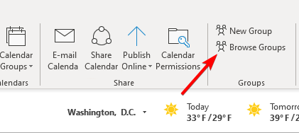 Кнопка «Обзор групп» в Outlook