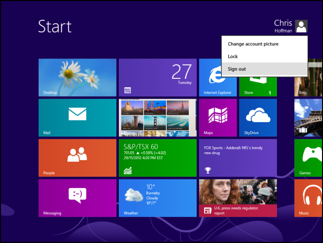 Скриншот: выход из учётной записи Windows 8 для применения настроек